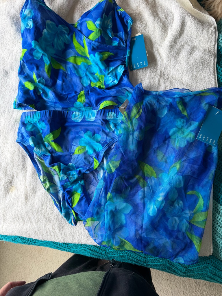 Sessa Tankini Swimwear 3 Piece Set Floral Blue Green Women's Size 12. Nwt